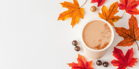 A cozy cup of beverage surrounded by autumn leaves, creating a warm and inviting seasonal atmosphere.