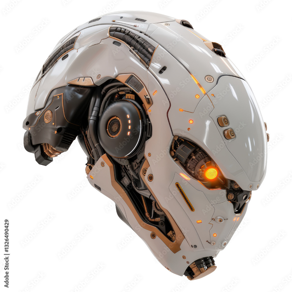 Poster futuristic robotic head design with intricate mechanical details and vibrant glowing elements for ad