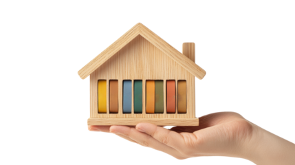 Hand holding house model with colored bars, isolated on transparent background