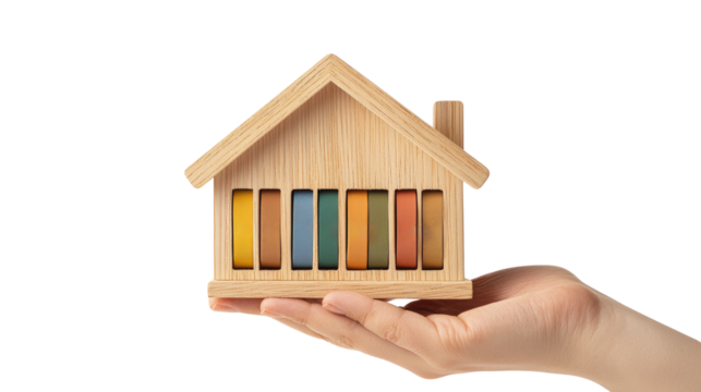 Hand holding house model with colored bars, isolated on transparent background - Powered by Adobe
