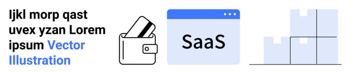 Wallet holding credit cards, SaaS application window labeled SaaS, and stacked boxes representing storage management. Ideal for fintech, ecommerce, SaaS, logistics, digital payment systems, online