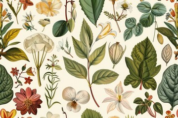Seamless pattern background featuring a collection of vintage botanical illustrations with flowers and leaves in muted colors. MZ 