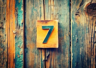 Abstract photo captures a wooden surface, a "7" sticker, defying reality's grip.  A surreal seven.