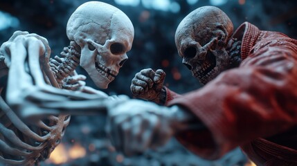 This striking image depicts two skeletons in a dramatic confrontation, their expressions reflecting intensity and primal energy, exploring themes of mortality and existence through art.