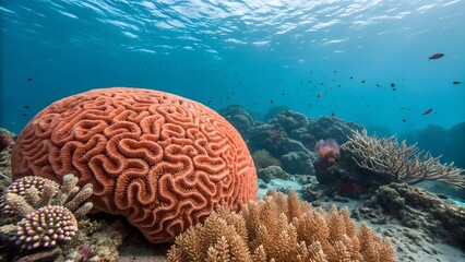 Obraz premium Ocean's Coral Canvas: Vivid underwater photograph showcasing a vibrant coral reef ecosystem, teeming with diverse coral formations. 
