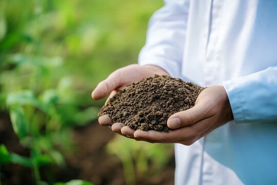 male expert gripping soil in fingers for oversight in soil science captures crucial duty of scientific pursuit in defending the environment and supporting sustainable ways  
