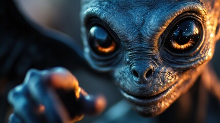 This captivating image features a charming alien figure pointing toward the viewer, surrounded by cosmic elements, representing curiosity and a whimsical touch from the universe.