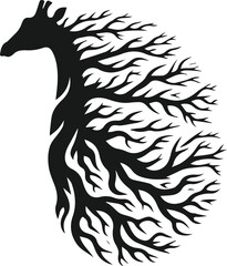 black and white giraffe with tree branches