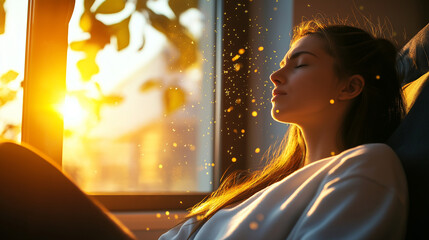 A woman sitting by an open window, sneezing as golden pollen drifts inside, illuminated by the warm glow of the morning sun.