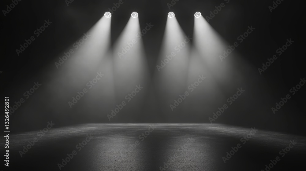 Poster empty stage with three spotlights shining down on a dark background