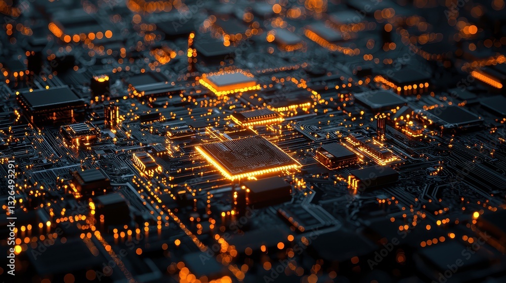 Poster intricate circuit board with glowing components and connections