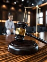 Courtroom scene highlighting the importance of justice with a gavel and scales of law