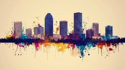 Fototapeta premium Vibrant City Skyline with Colorful Paint Splashes and Silhouette