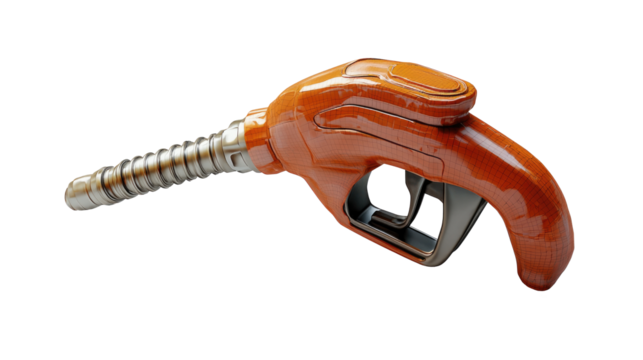 Fuel pump nozzle shaped like a gun, isolated on transparent background