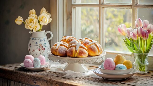 Easter brunch with hot muffins, pastel-colored eggs and fresh tulips, rustic
