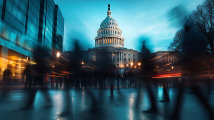 An abstract shot of blurred figures in motion near the US Capitol, with the building symbolizing the ever-changing political climate and national debates.