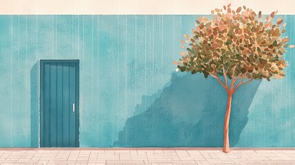 Serene Urban Scene with Blue Wall and Tree in Autumn Colors