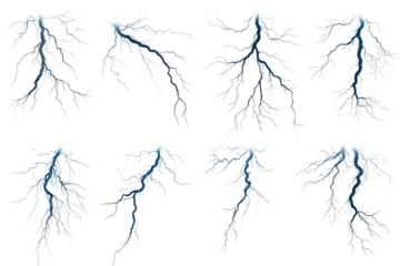 A collection of eight lightning bolt illustrations on a white background showing electrical discharges 