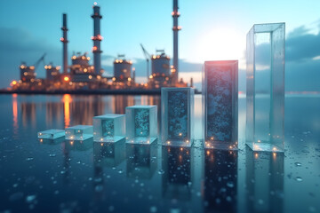 A futuristic scene depicting transparent bars symbolizing growth, set against an industrial backdrop of tall structures and a reflective water surface.