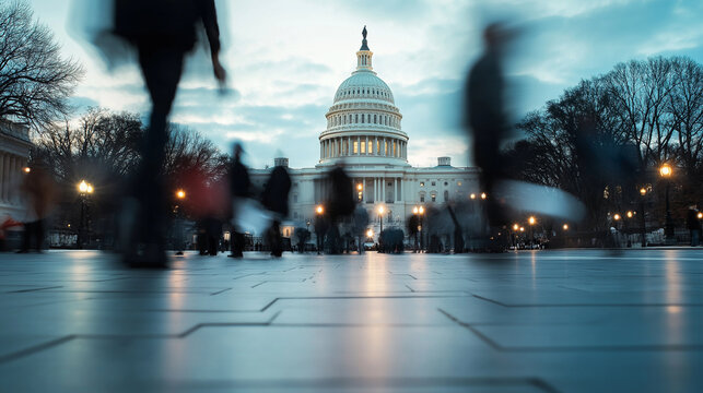 A blurred line of voters passing by the US Capitol, their actions symbolizing the fluidity of democracy and its ongoing evolution in times of political change.