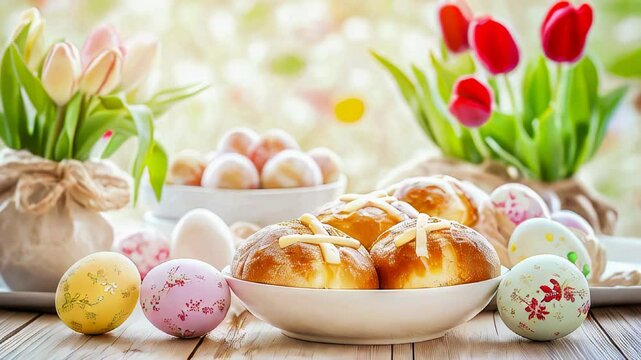 Easter brunch with hot muffins, pastel-colored eggs and fresh tulips, rustic