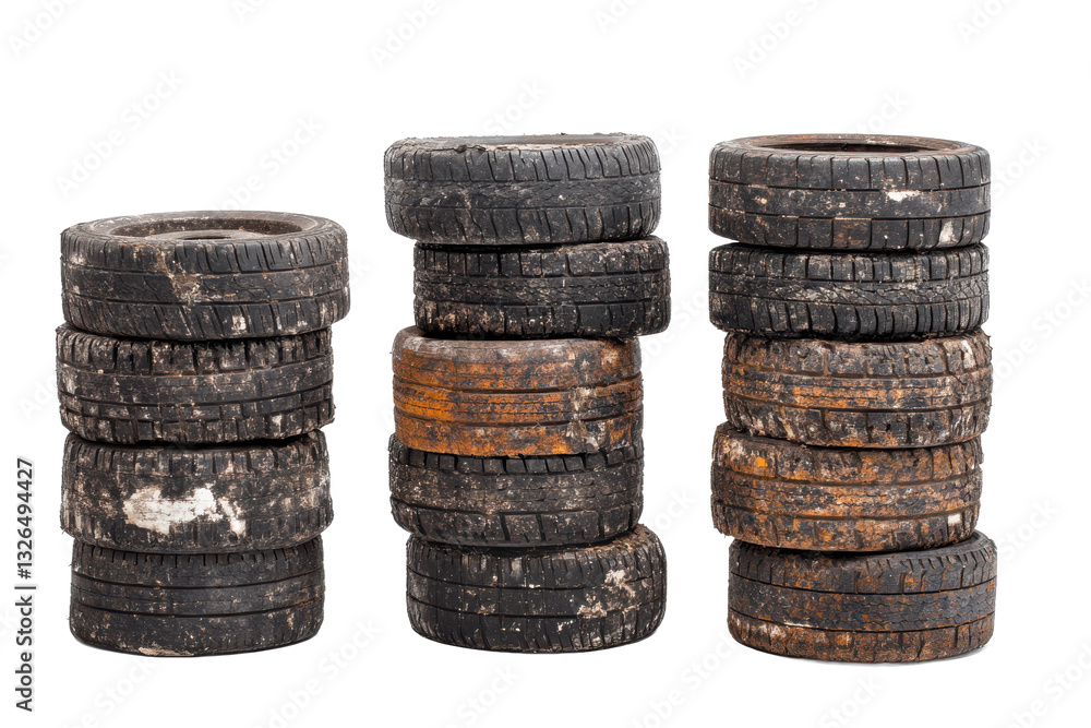 Poster a collection of three stacks of used tires arranged against a plain white background in a studio set