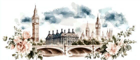 Obraz premium Iconic Big Ben clock tower and the Palace of Westminster government buildings overlooking the River Thames in a cloudy moody London skyline with a bouquet of romantic roses in the foreground