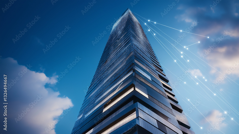 Poster a sleek, futuristic skyscraper with digital network lines pulsating across its surface, symbolizing 