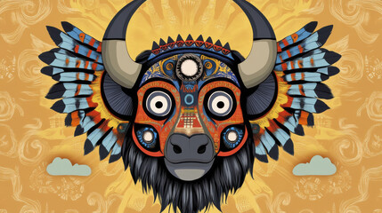 Fototapeta premium vibrant comic style illustration of Native American spirit featuring stylized buffalo head adorned with colorful patterns and feathers, set against warm yellow background