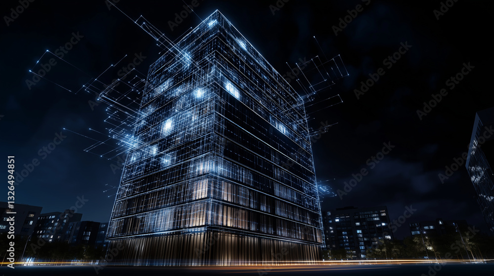 Poster a towering smart building with digital blueprints projected on its surface, showing the advanced net