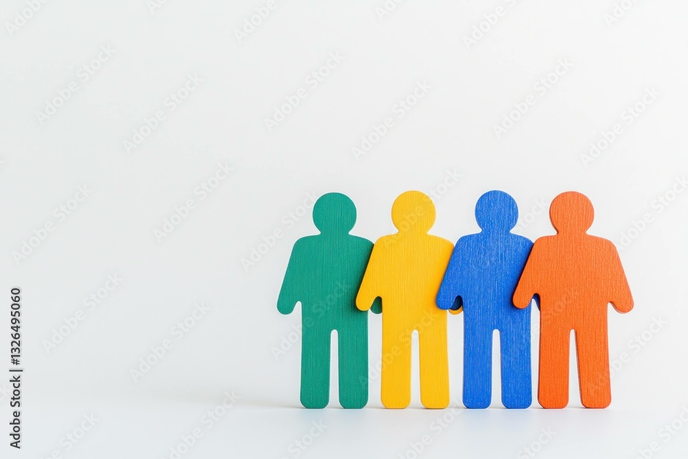 Poster colorful wooden figures representing diversity and teamwork, emphasizing unity and collaboration in 