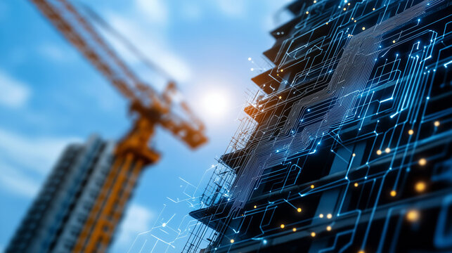 A futuristic building surrounded by an intricate network of digital circuits and lines, representing the synergy between architecture and advanced technology in the construction in