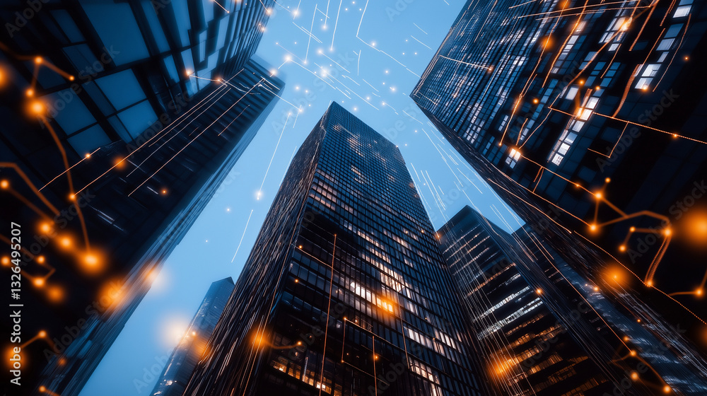 Poster a towering digital skyscraper with network lines illuminating the night sky, symbolizing how smart c