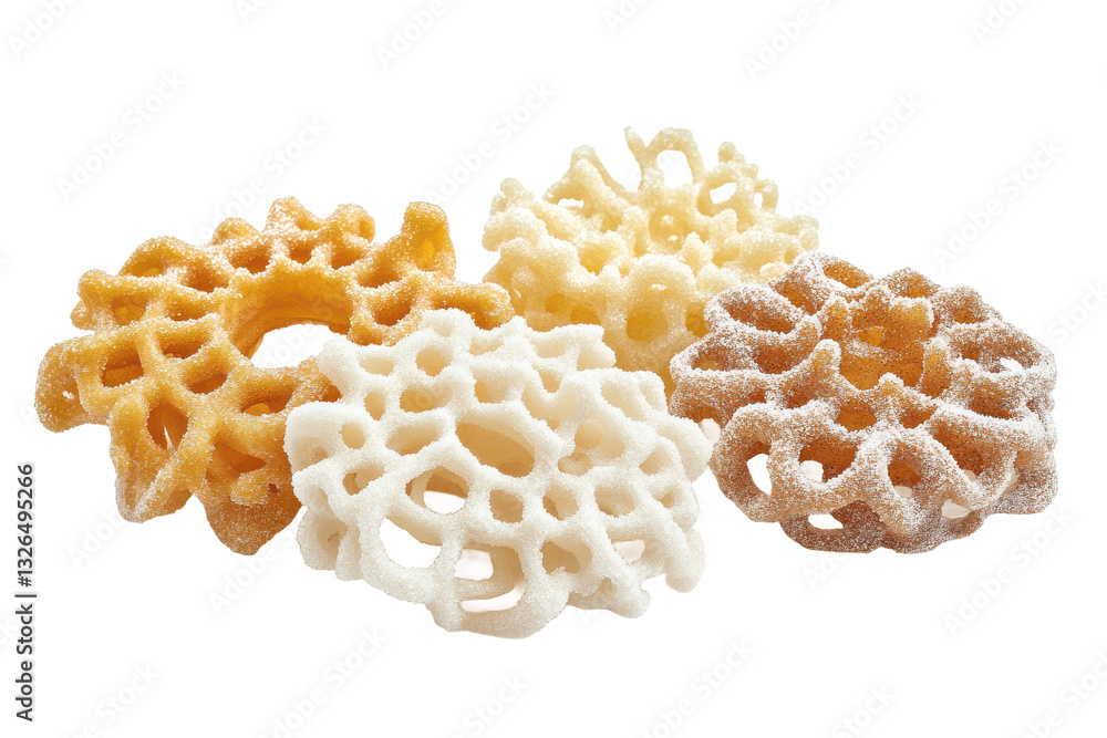 Poster assorted rosette cookies displayed on a white background showing different colors and textures of th