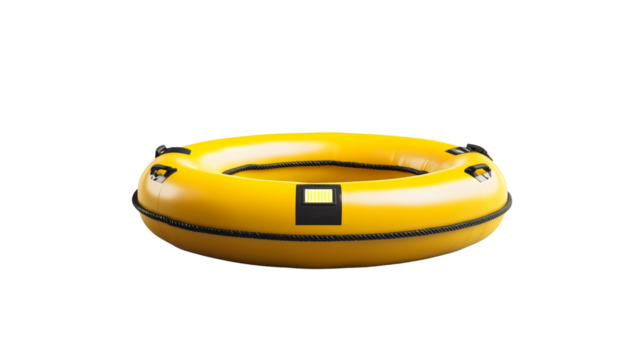 A bright yellow rescue buoy with a built-in waterproof LED light for nighttime water rescues, ensuring visibility and safety in emergency situations.