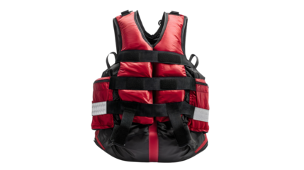 A high-buoyancy red and black life jacket with adjustable straps and reflective patches, essential for water rescue operations and personal safety.