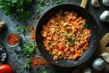 Tasty chicken and bulgur dish with vegetables and herbs in frying pan