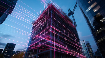 A smart construction site where digital lines and holographic images float around a building in progress, showcasing how technology enhances modern building techniques.