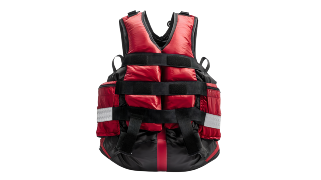 A high-buoyancy red and black life jacket with adjustable straps and reflective patches, essential for water rescue operations and personal safety.