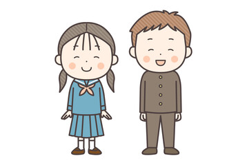 にっこり笑顔の学生服の男の子と女の子の全身イラスト
