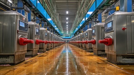 A meat factory interior with rows of large stainless steel meat processing machines in operation
