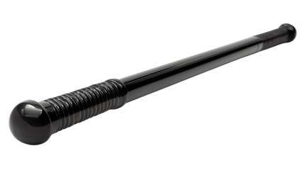 A traditional black police baton made of hard polymer, featuring a ribbed handle for a secure grip, used by law enforcement officers.
