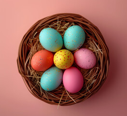 Naklejka premium Woven Basket Easter Eggs - Minimalist Geometric Patterns with Metallic Accents on Peach-Cream Gradient Background, Spring Banner Layout.