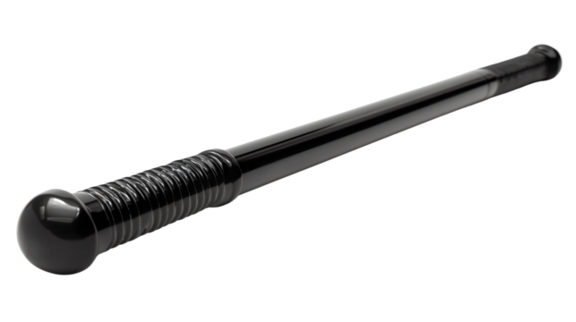 A traditional black police baton made of hard polymer, featuring a ribbed handle for a secure grip, used by law enforcement officers.