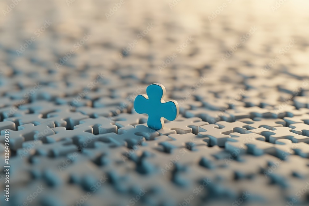 Poster close up of a blue puzzle piece on white surface symbolizing problem solving and completion