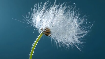 Fototapeta premium Delicate dandelion seedhead scatters wispy seeds against a vibrant blue sky, capturing a dreamy summer moment of freedom and wish-making in a minimalist botanical frame.