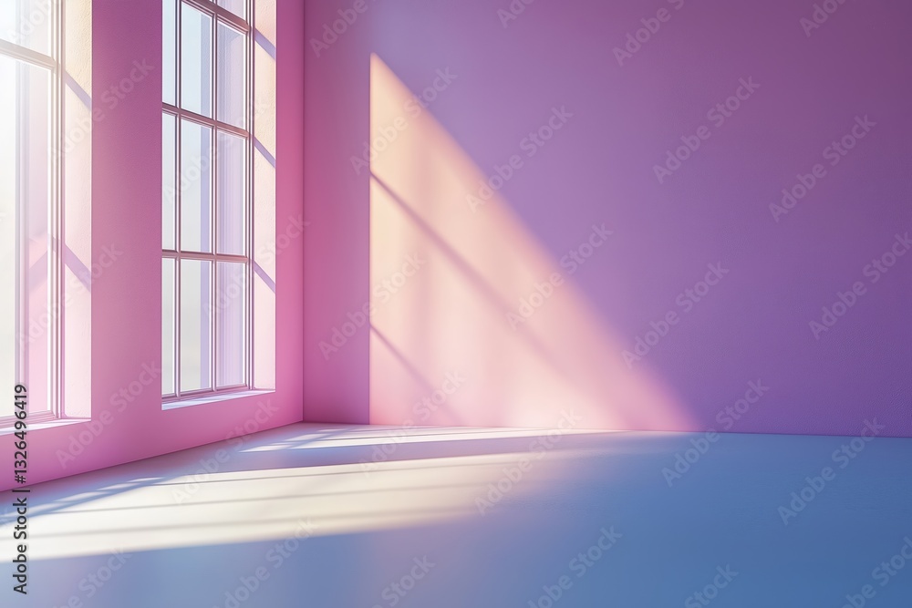 Poster sunlight illuminating empty pink room with large windows