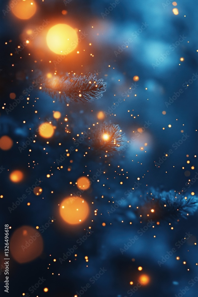 Poster christmas lights shining on pine tree branches creating magical bokeh effect