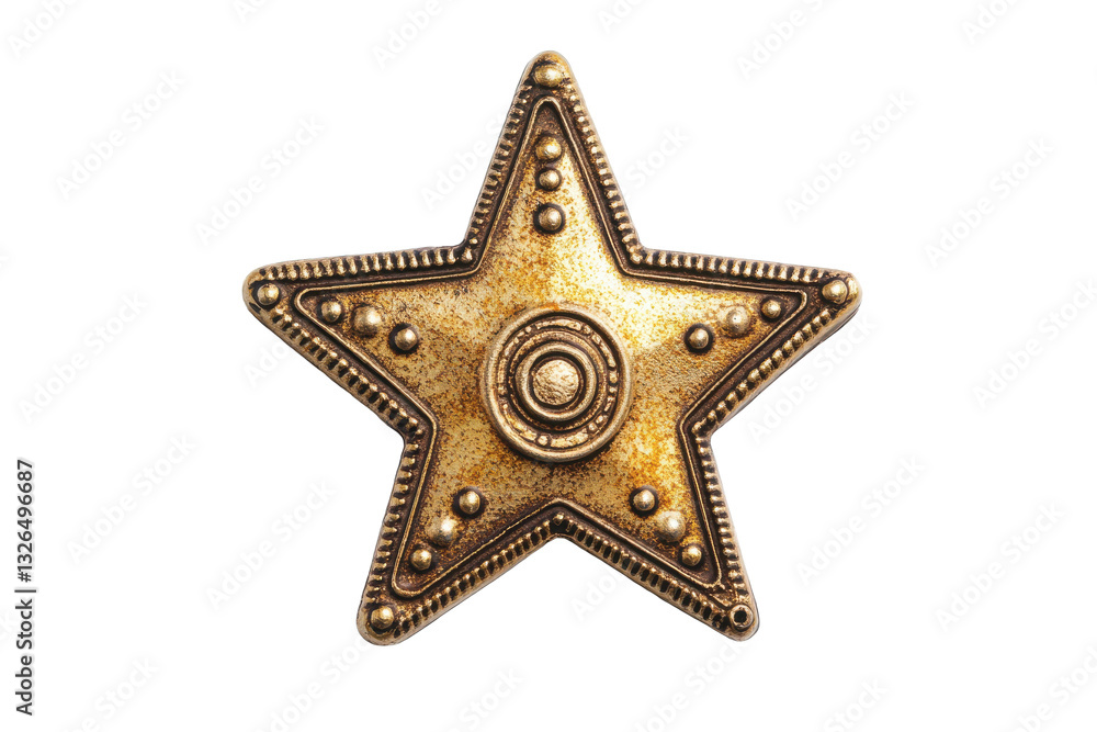 Poster a detailed close up of a single golden star shaped object with small dots and a central circle desig