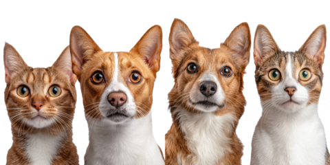 Four pets, including two cats and two dogs, display curious expressions, showcasing distinctive features and fur patterns.